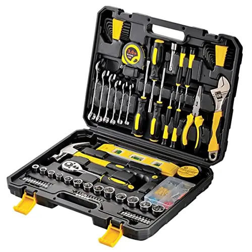 108-Piece Portable Home Tool Kit – Yellow Plastic Storage Case With Essential Manual Tools For Routine Domestic Repairs And Maintenance 1