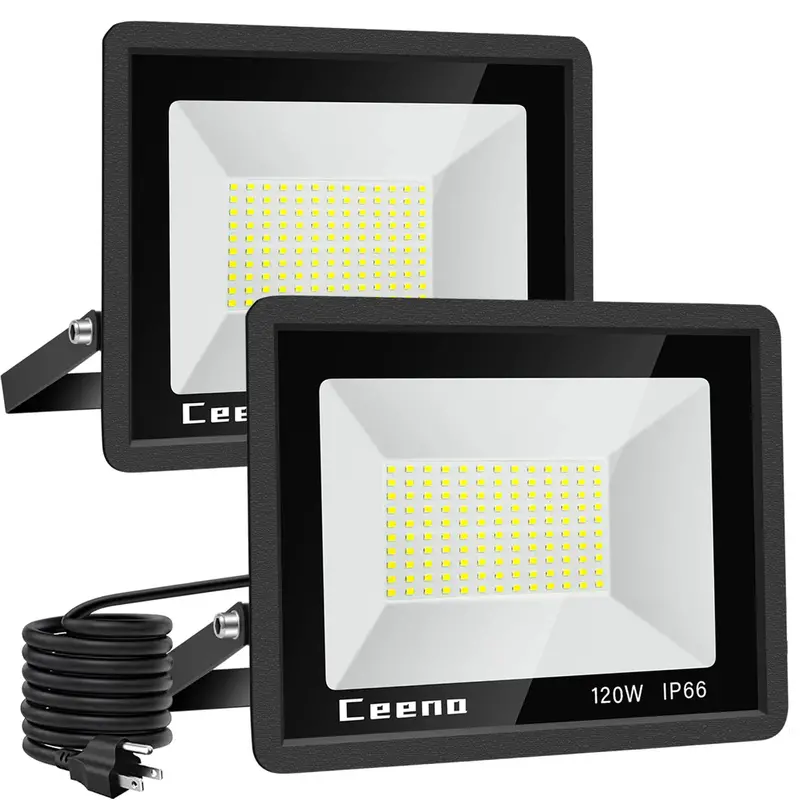 120W Plug-In Outdoor Led Flood Lights – 2-Pack, 12,000 Lm Each, 5.9-Foot Cord, Ip66 Waterproof, 6000K For Backyard & Workshop 1