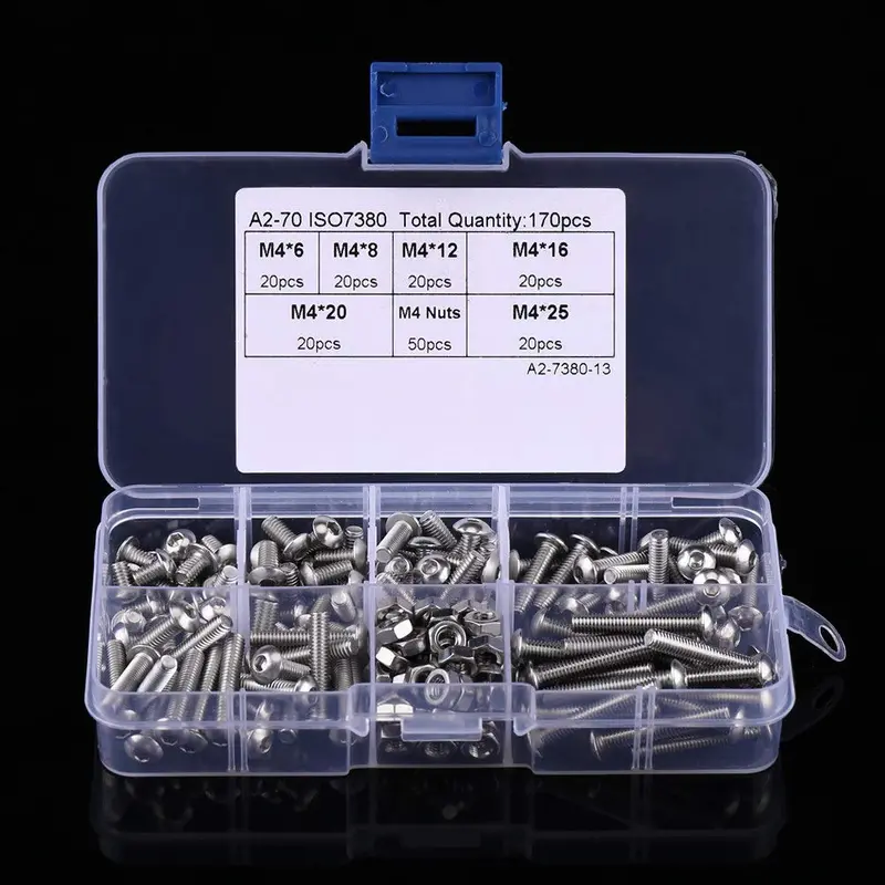 170-Piece Stainless Steel M4 Flat Head Socket Screws & Nut Set – Ss304, Includes Storage Case For Office & Home Use 1