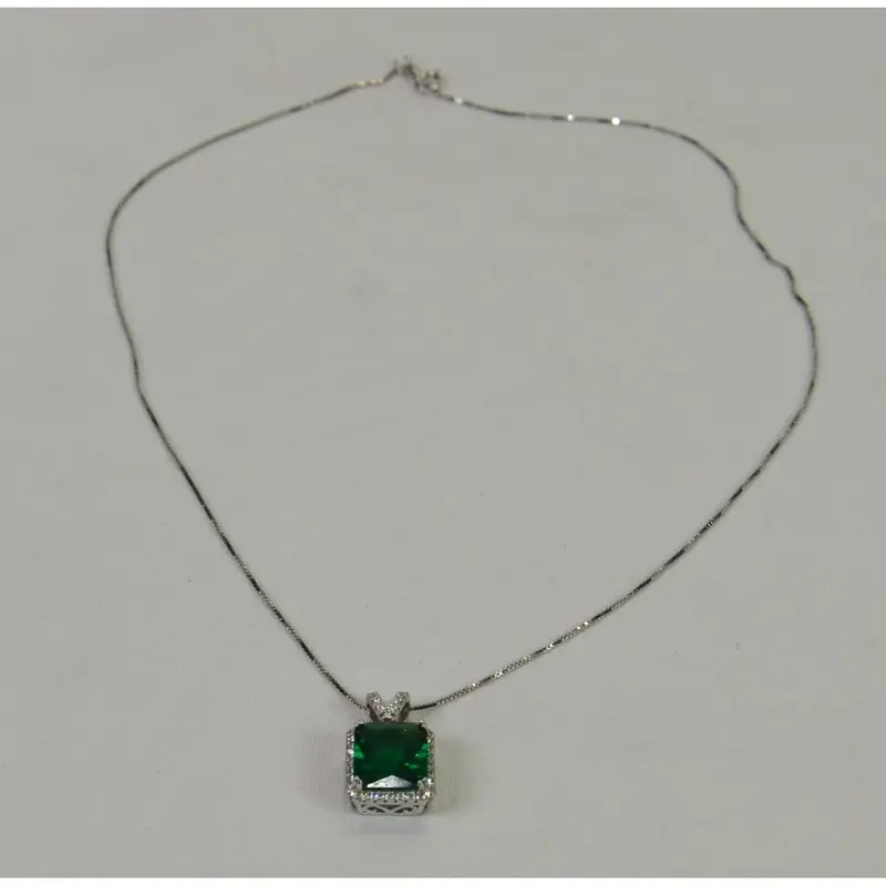 18-Inch Sterling Silver Necklace Featuring A Large Green Gemstone Accented With Clear Crystals 1