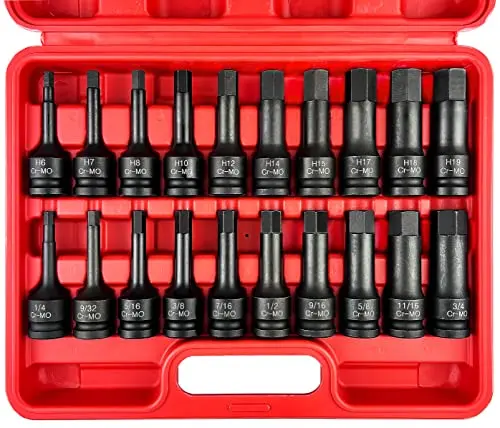 20-Piece 1/2" Impact Hex Bit Set – Cr-Mo Steel, Sae & Metric Sizes (1/4"–3/4", 6–19 Mm) 1