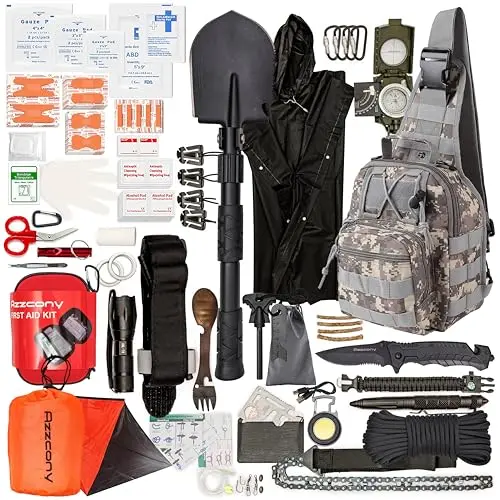 250-Piece Tactical Emergency Survival & First Aid Kit – Includes Tourniquet, Compass, Flashlight, Shovel & Army Blue Edc Backpack 1