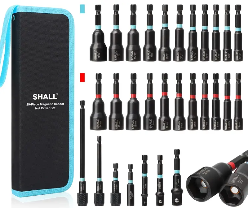 29-Piece Magnetic Nut Driver Set – 1/4" Hex Impact Bits (Sae & Metric), Quick-Release Extensions & Socket Adapters In Cr-V Steel 1