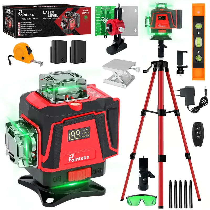 360° Self-Leveling Laser Level: 16-Line 4D Green Cross-Line System With Tripod, Remote Control, And Height-Adjustable Base 1