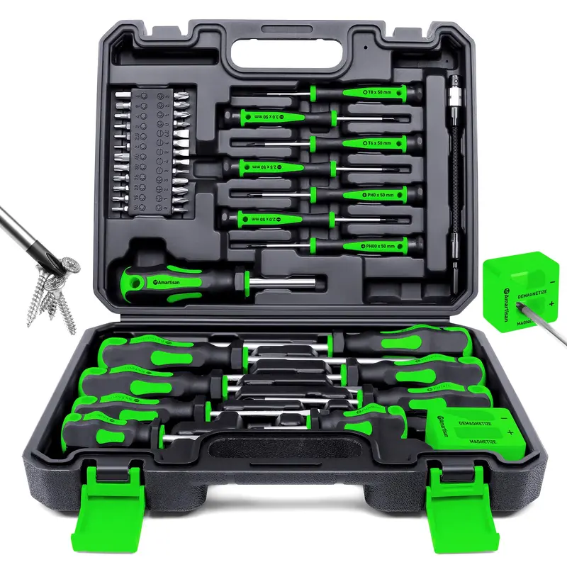43-Piece Magnetic Precision Screwdriver Set: Includes Slotted, Phillips, Hex, Pozidriv, Torx, And Mini Drivers – Green Storage Pouch 1