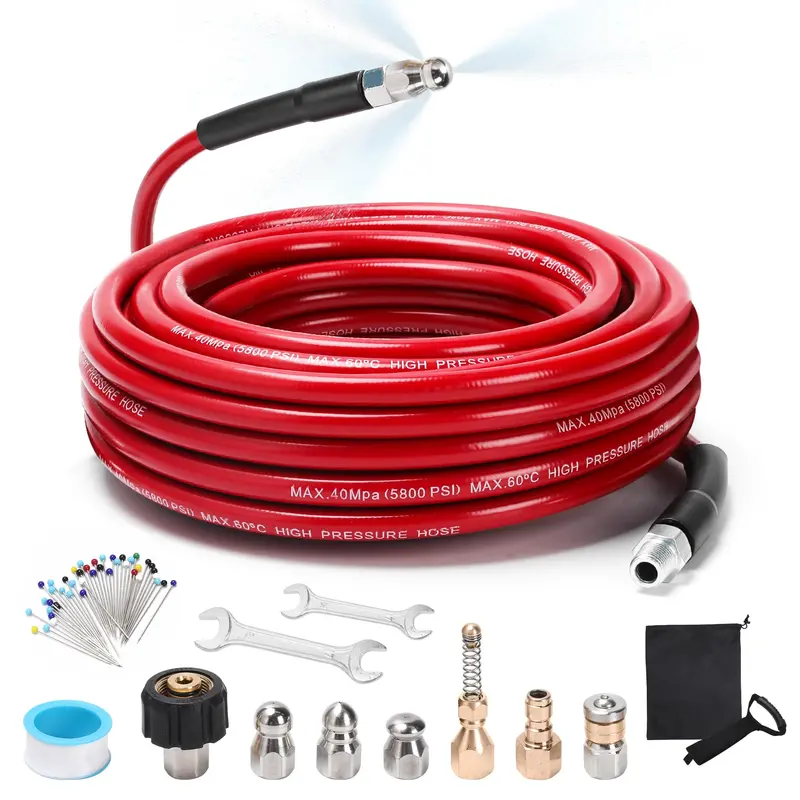 50-Foot Sewer Jetting Kit – 5800 Psi Pressure Washer Hose With 1/4" Npt Fitting, Rotating & Trigger Nozzle 1