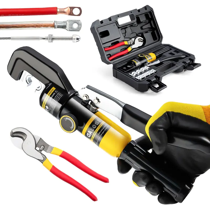 8-Ton Hydraulic Cable Crimper & Cutter – U.S. Standard Terminal Tool For 12 Awg To 00 (2/0) Wire, Complete Electrical Kit 1