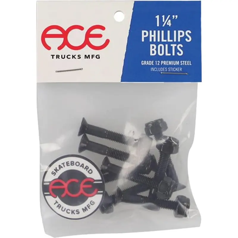 Ace 1-1/4" Phillips Skateboard Hardware Set – Black Zinc-Coated Bolts & Nuts 1