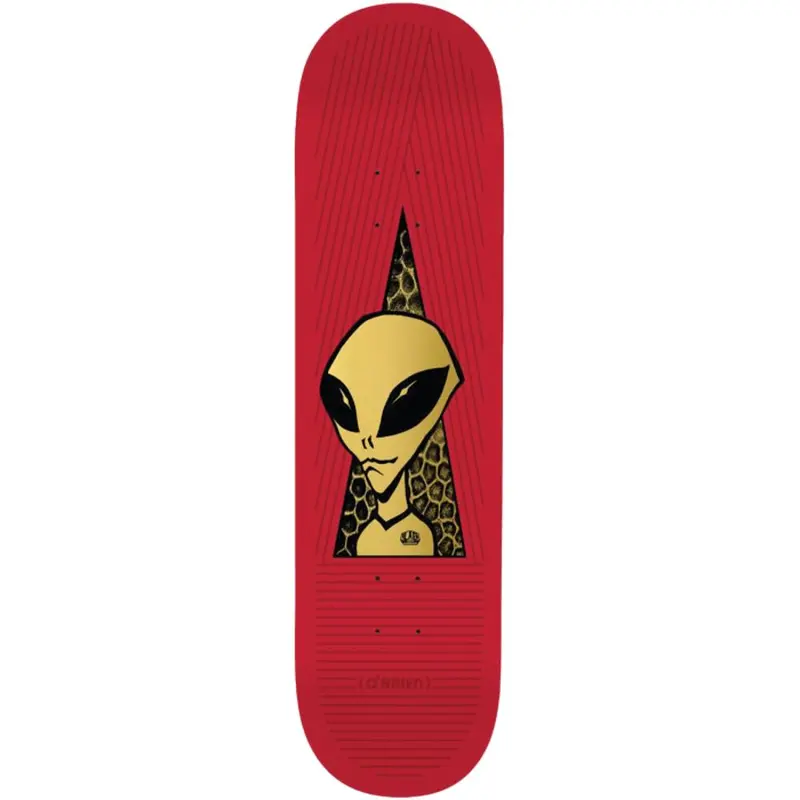 Alien Workshop O'Brien Visitor Gold 8.5" Skateboard Deck – Red-Themed Graphic With Metallic Gold Highlights 1