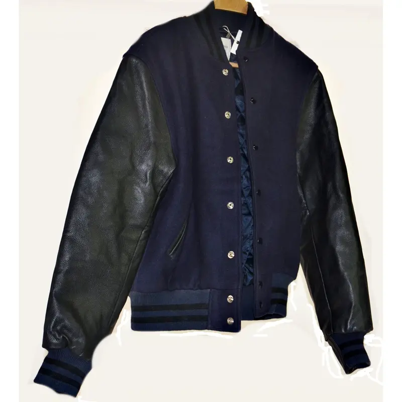 Billy Reid 'Finn' Men'S Suede Bomber Jacket With Leather Sleeves – Navy/Black, Size Small 1