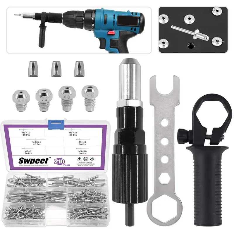Black Alloy Electric Rivet Gun Adapter Kit – Includes 2.4/3.2/4.0/4.8 Mm Sizes & 500 Aluminum Blind Rivets 1