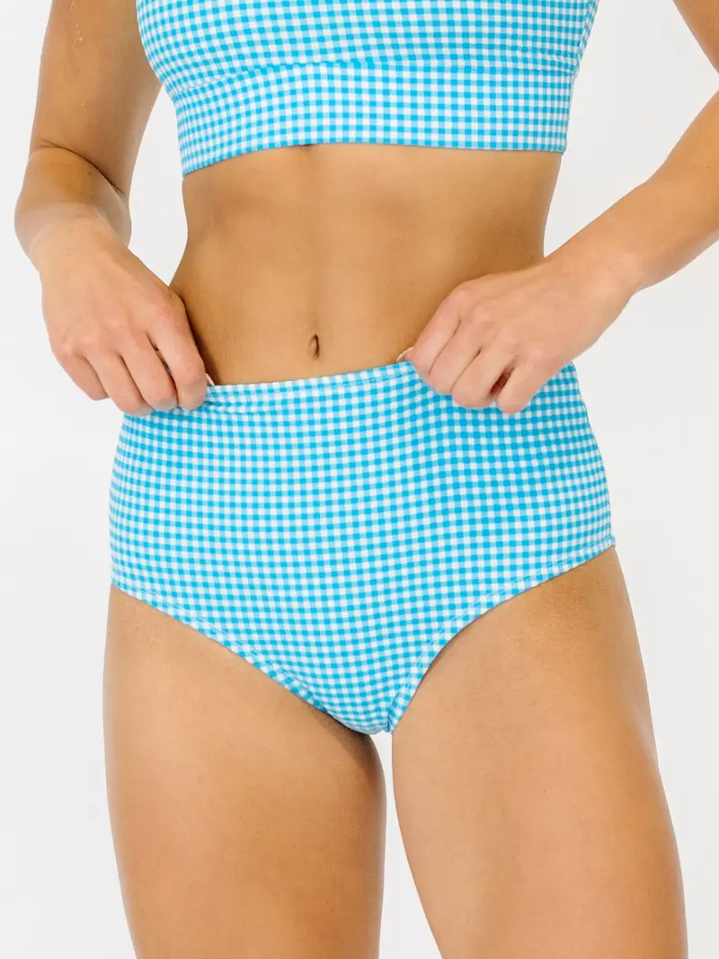 Blue Seersucker High-Waist Swim Bottoms 1
