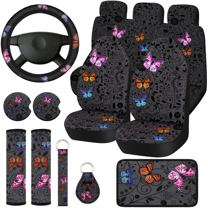 Butterfly-Style Car Seat Covers Set With Steering Wheel Cover, Armrest Pad, Cup Holder, And Shoulder Support 1