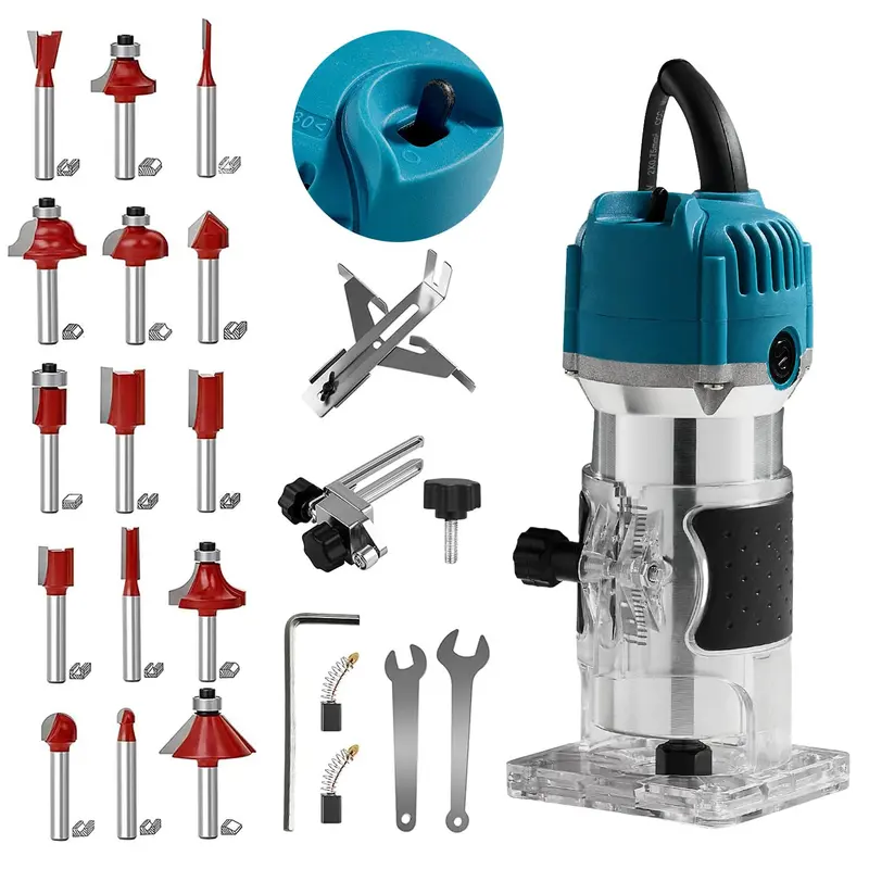 Compact 1/4" Laminate Trimmer – 15-Piece Carbide Router Bit Set Included (Blue Housing) 1