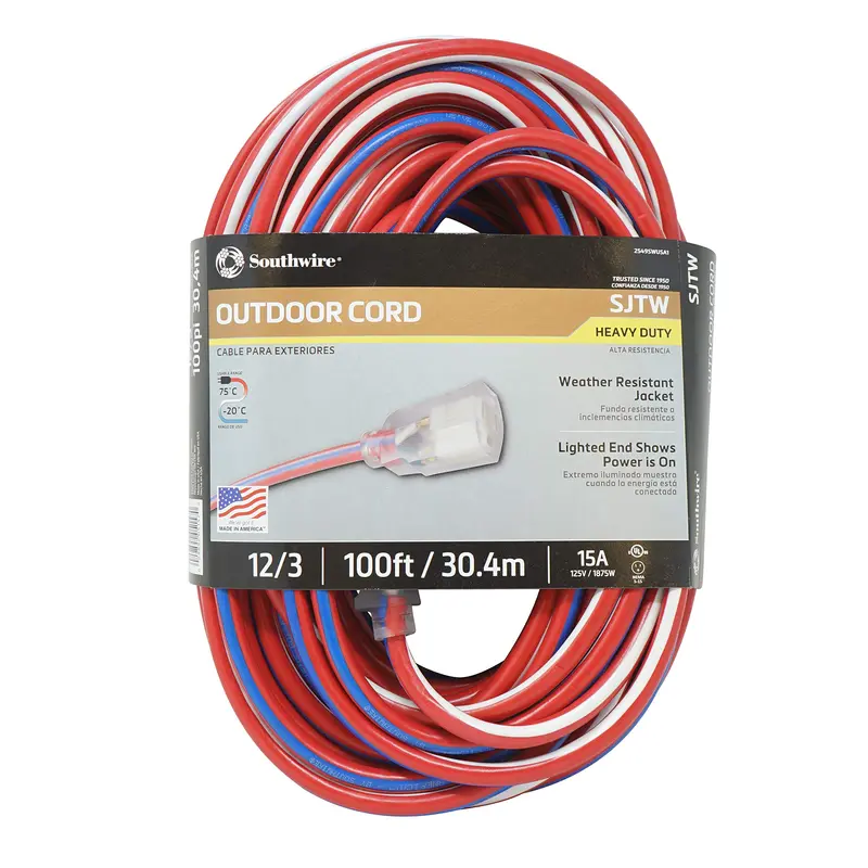 Contractor-Grade 100-Foot Outdoor Extension Cord – 12/3 Gauge With Illuminated End, Usa-Made Weatherproof Cord (Red/White/Blue) 1