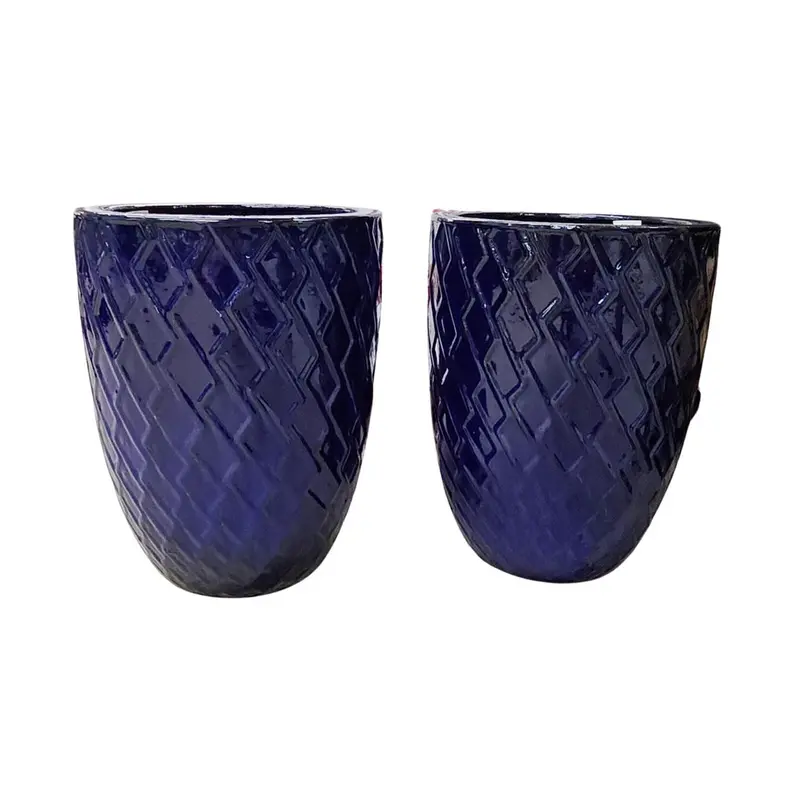 Dark Blue Ceramic Planter With Falling Diamond Design 1
