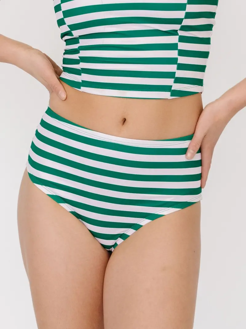 High-Waisted Emerald Stripe Swim Bottoms 1