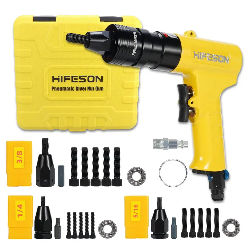 Industrial-Grade Pneumatic Rivet Nut Setter – Self-Locking 1/4", 5/16", 3/8" Heads, Quick-Change Mandrels & Variable-Speed Air Control 1