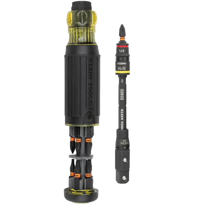 Klein Tools 16-In-1 Hybrid Impact-Rated Ratchet Driver – Magnetic, Rotating Socket, 11 Bits, 2 Nut Drivers & 3/8" Square Adapter 1