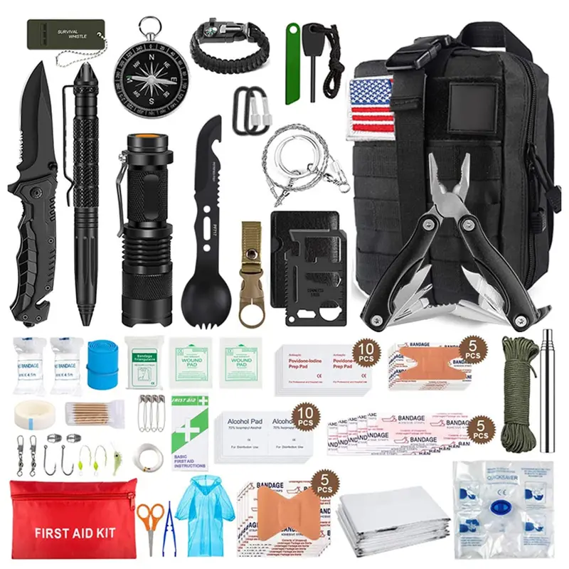 Outdoor Survival & Personal Protection Kit – Led Flashlight, Rain Gear, Compass, Gauze, And More 1