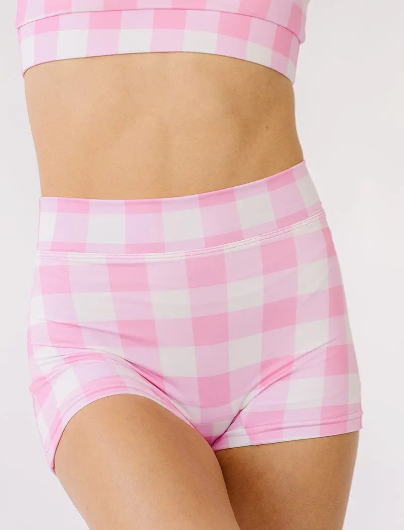 Pink Gingham Boy-Short Style Swim Bottom 1