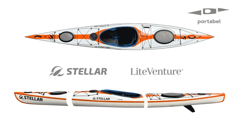 S14 G2 Modular Multisport Kayak – Carbon/Kevlar Layup | White/Orange/Blue Split Configuration 1