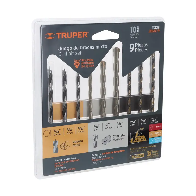 Truper 9-Piece Drill Bit Set – Hss Bits For Wood, Concrete, And Metal Applications 1