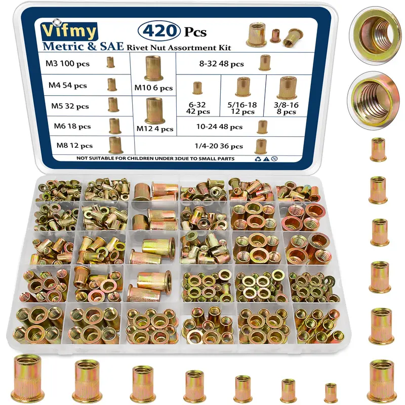 Vifmy 420-Piece Hybrid Rivet Nut Kit – Metric (M3–M12) & Sae (#6–32 To 3/8"–16) Flat-Head Carbon Steel Inserts 1
