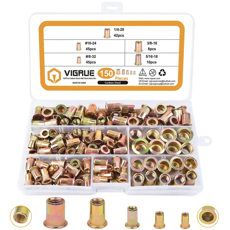 Vigrue Unc Rivet Nut Variety Pack – 150-Piece Carbon Steel Set (#8-32 To 3/8"-16), Yellow Zinc Plated, Flat-Head Design 1