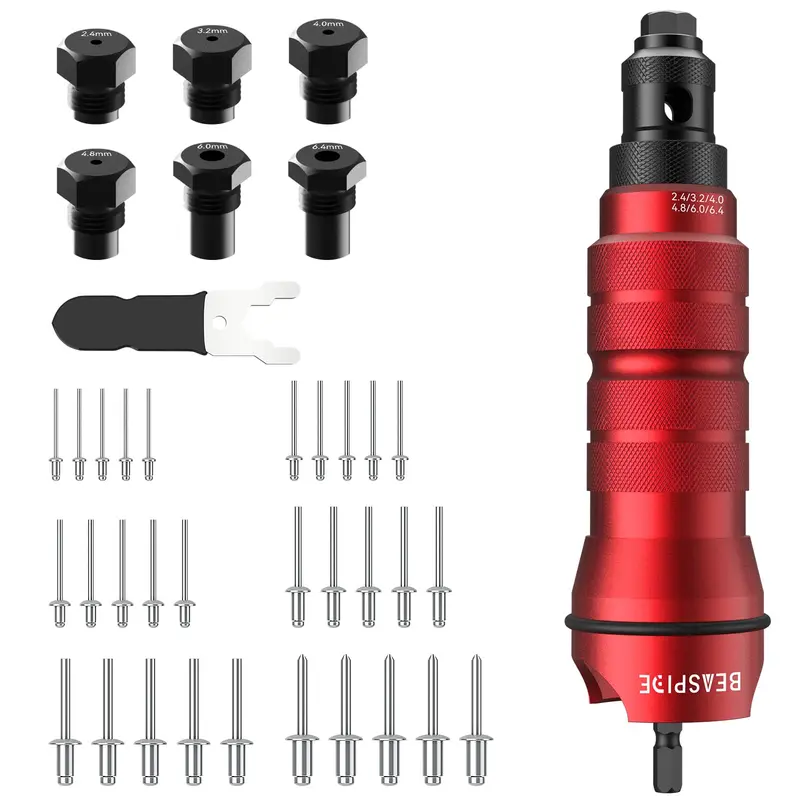 Wireless Rivet Gun Adapter Kit: 2.4–6.4 Mm Range, 6 Interchangeable Rivet Heads & 30 Rivets 1
